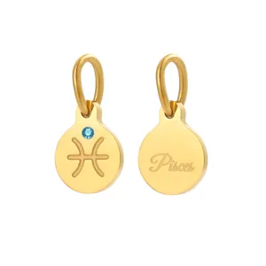 Gold Pisces constellation pendant charm with blue zircon, stainless steel round charm accessory.