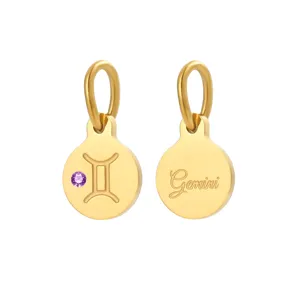 14K Gold Plated Stainless Steel Gemini Zodiac Pendant Charm with Purple Zirconia Stone Accessory