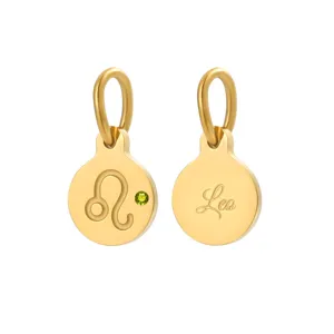 Gold-plated stainless steel round pendant featuring the Leo zodiac sign and green crystal.
