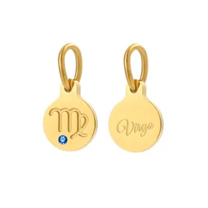 Gold stainless steel zodiac pendant charms with blue zirconia for DIY jewelry making accessories.