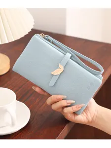 Women Fashion PU Leather Long Wallet With Exquisite Metal Leaf Snap Multifunctional Card Holder Coin Purse With Wristlet