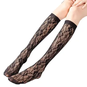 Black lace knee high socks for women sweet lolita gothic vintage hosiery cute mesh.