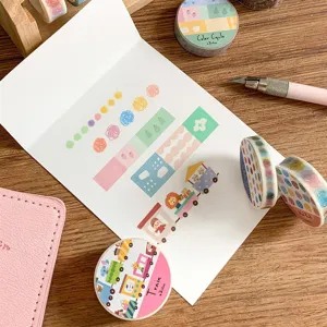 Decorative washi tape set for journaling and crafting, features cute stripe and train patterns.
