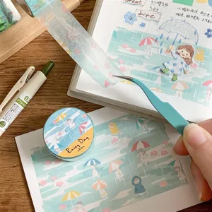 Decorative washi tape for journaling, featuring cute rainy day patterns and plaid design.