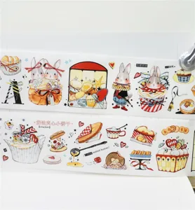 Cute Tuli sweet cup washi tape detail view, with rabbit and dessert art for journaling.
