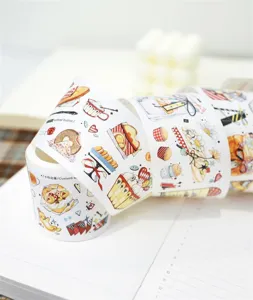 Close-up detail of cute dessert washi tape roll, journaling decorative PET sticker.