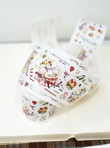 Detailed shot of decorative washi tape showing cute cupcake and flower illustrations.