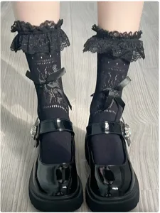 Black lace ruffle mid-calf socks detail, cute bow mesh Lolita hosiery for daily sweet styling.