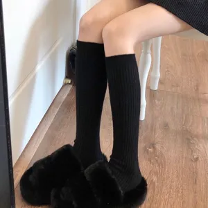 Vrouwen zwarte geribbelde kniekousen winter warme effen kleur lange katoenen sokken hoofd