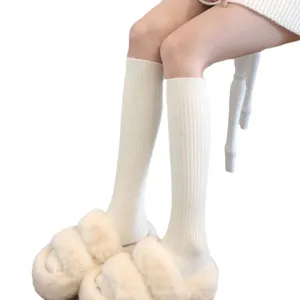 Japanse stijl witte geribbelde kniekousen voor vrouwen, dikke warme winter katoenen lange sokken.