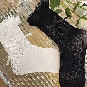 Sweet Japanese lace ruffle mid-tube socks for women black white bow Lolita mesh socks main