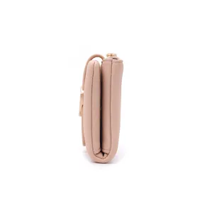Side profile detail view of the minimalist trifold leather women wallet in soft pink tone.