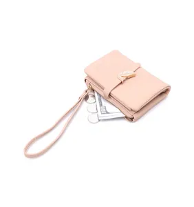 Minimalist leaf short wallet for women, cute buckle zipper folding purse with wrist strap.