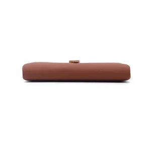 Brown leather long wallet detail view, minimalist fashion design for women daily use.