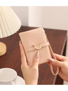 Women's PU Leather Short Wallet With Metal Leaf Buckle Zipper Coin Purse Multi Card Slot Folded Handbag Wrist Strap Purse