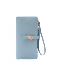 Women light blue long wallet PU leather minimalist card holder purse with metal leaf decor.