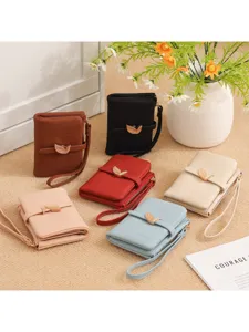 Women short wallet PU leather purse card holder with leaf clasp and wrist strap multi colors