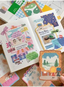 Cute oil pastel style decorative memo pads and stickers detail, perfect for bullet journal spreads.