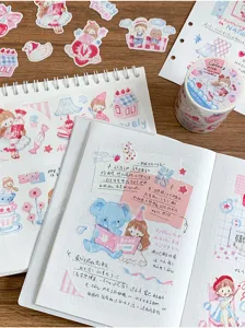 Nastro adesivo e set di adesivi in stile acquerello carino per diari e lavoretti creativi.