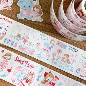 Rotolo di nastro Washi estetico ad acquerello e simpatico set di adesivi fustagliati per bricolage.
