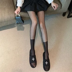 Mujeres sexy medias de rejilla empalmadas falsos calcetines largos verano finos negros