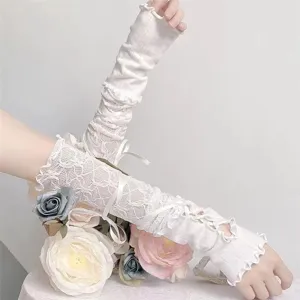 Mujer Mangas Largas de Encaje de Acryl Guantes con Cordones de Cinta Estilo Dulce Lolita Guantes sin Dedos Accesorios de Mano