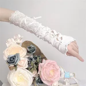 Mangas de brazo de encaje Lolita blanco Y2K cinta venda guantes de protección solar.