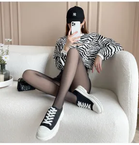 Collant noir translucide faux détail, collant doublé polaire chaud pour femmes hiver.