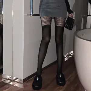 Medias de red negras sexys con diseño simulado para mujeres, calcetines transparentes de verano.