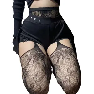Sexy floral lace fishnet stockings with open crotch design, perfect for nightclub wear.