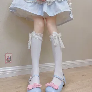 Sweet Japanese Lolita white mid-calf socks featuring delicate lace trim and cute bows for women.