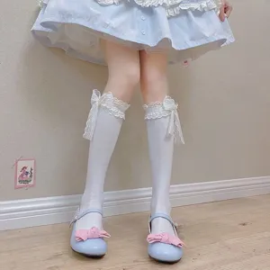 Sweet white lolita lace bow mid calf socks detail view, cute aesthetic hosiery for women.