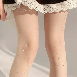 Sheer shimmer pantyhose for women, sparkling glitter star details, ultra-thin summer leg wear.