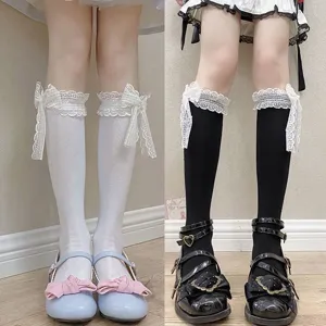 Sweet Japanese Lolita lace mid-calf socks with cute side bows, vintage cotton JK hosiery for women.
