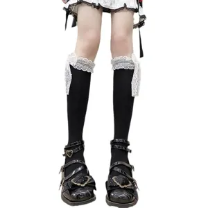 Japanese Lolita black knee high socks with white lace bow sweet cute JK hosiery footwear