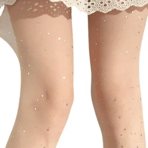 Sheer nude sparkly glitter tights for women, summer ultra-thin shiny rhinestone pantyhose.