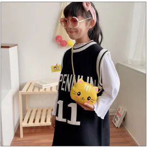 Lindo bolso cruzado de cuero PU con gato de dibujos animados para niños, monedero amarillo.