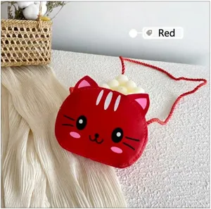 Primer plano detallado del bolso cruzado para ninos de cuero PU gato rojo con bonito estampado.