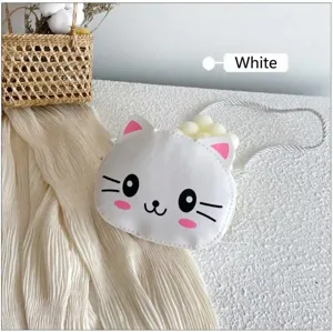 Detalle de bolso cruzado de gato de dibujos animados blanco de cuero PU, lindo monedero.