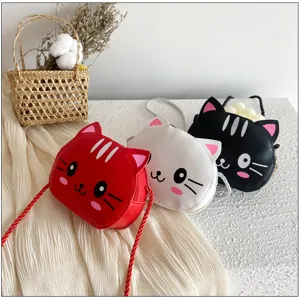 Bolso cruzado de gato de dibujos animados de cuero PU para niños, monedero animal detalle.