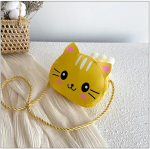 Bonito bolso bandolera de piel PU con gato amarillo para niños, monedero de dibujos animados.