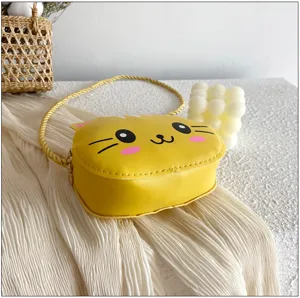 Lindo bolso cruzado de gato de dibujos animados para niños, monedero de cuero PU con correa.