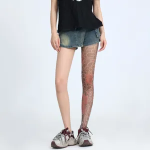Tattoo print sheer pantyhose detail, asymmetric floral leg design, summer thin elastic stockings.