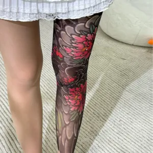 Trendy tattoo print pantyhose for women, anti-snag sheer summer tights with high elasticity.