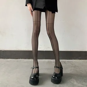 Collant trasparente nero con cucitura a croce, calzamaglia sexy ultra sottile donna.