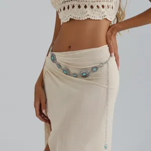 Boho silver waist chain with turquoise stones, vintage gothic body jewelry for women.
