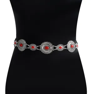 Silver gothic floral waist chain with red oval stones alloy body jewelry for fashion