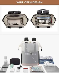 Großes Damen Laptop-Rucksack mit weitem Öffnungsdesign und vielen Fächern für Reisen.
