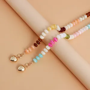 Collar de cuentas de colores de doble capa con cierre de corazón OT dorado, vintage.