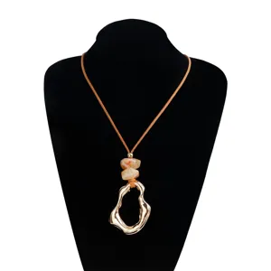 Boho irregular hollow gold pendant necklace with brown suede cord and marbled beads for women